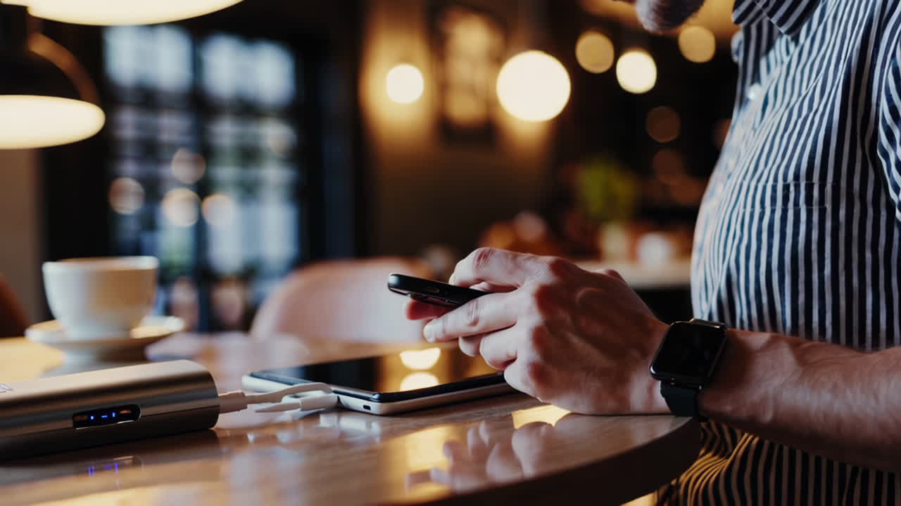 Man using smartphone and tablet in a cafe