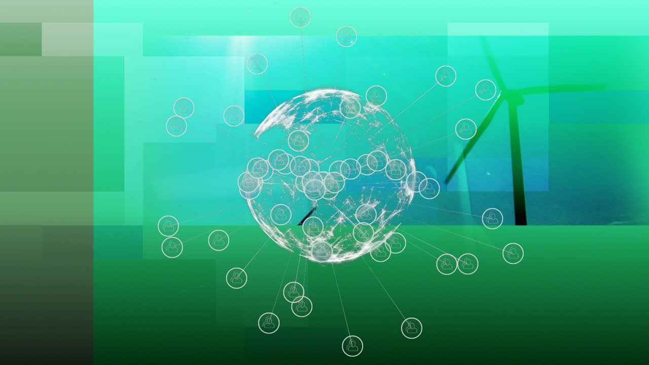 풍력 터빈을 통해 아이콘과 데이터 처리를 가진 지구의 애니메이션