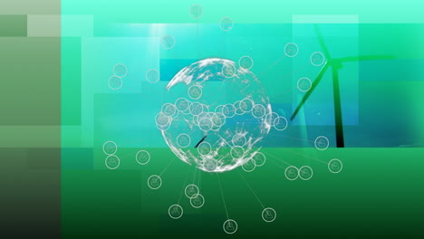 animación del globo con íconos y procesamiento de datos sobre la turbina eólica