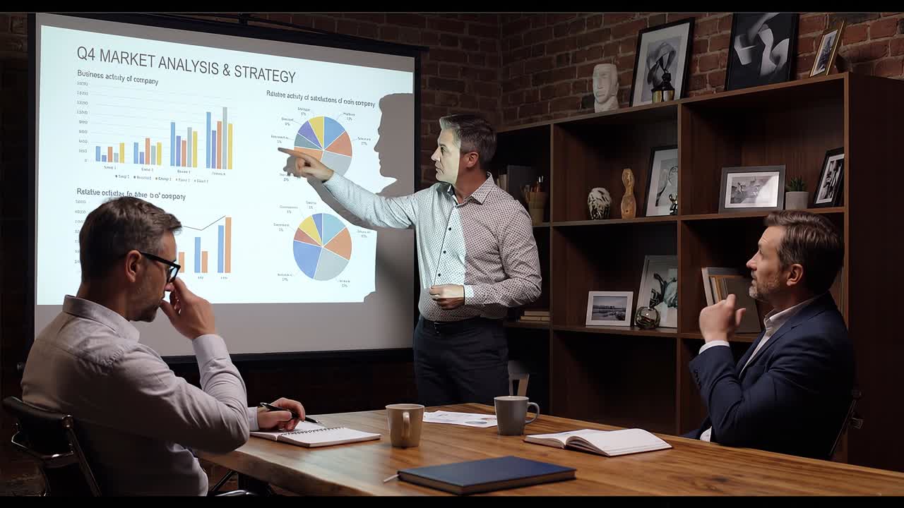 Business professional presenting Q4 market analysis and strategy charts to colleagues during office meeting discussion