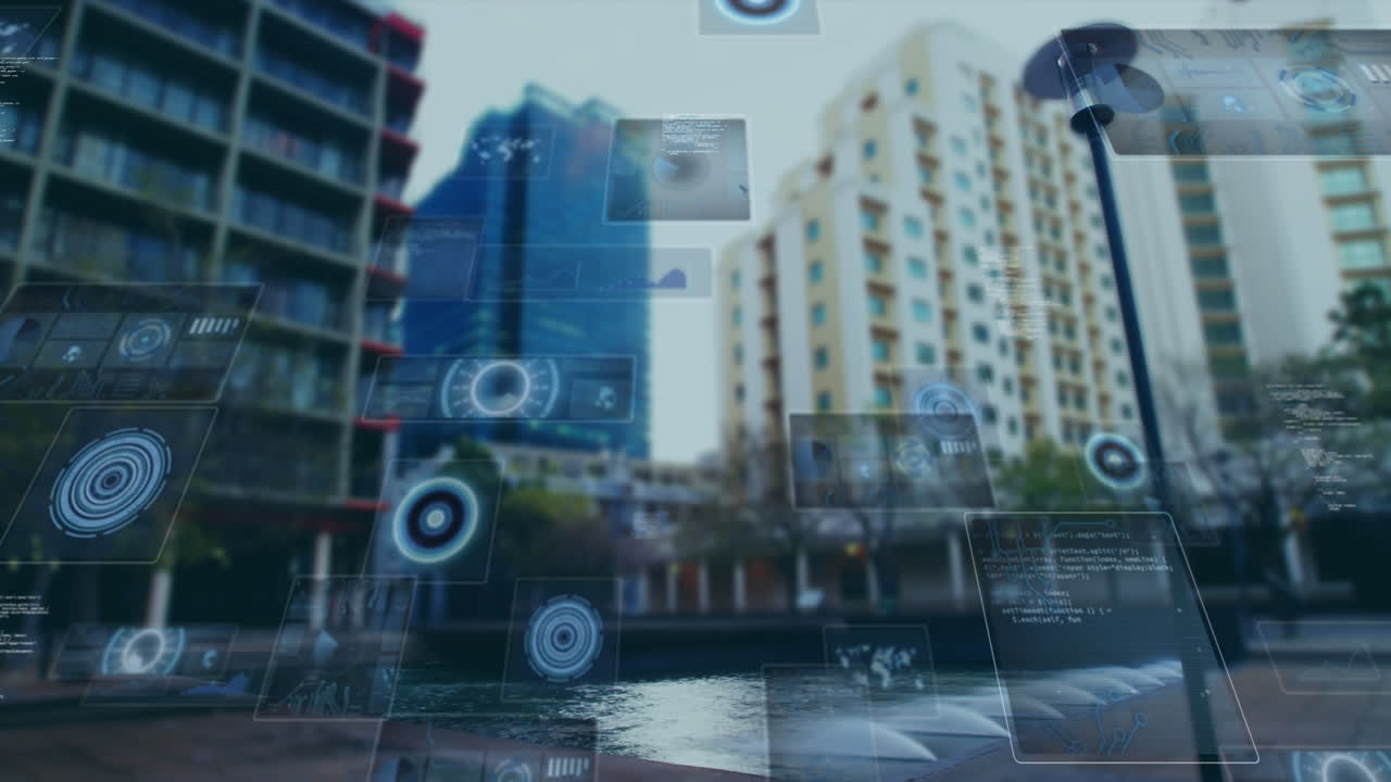 도시 풍경 위의 스크린에서 스캔 및 데이터 처리의 애니메이션