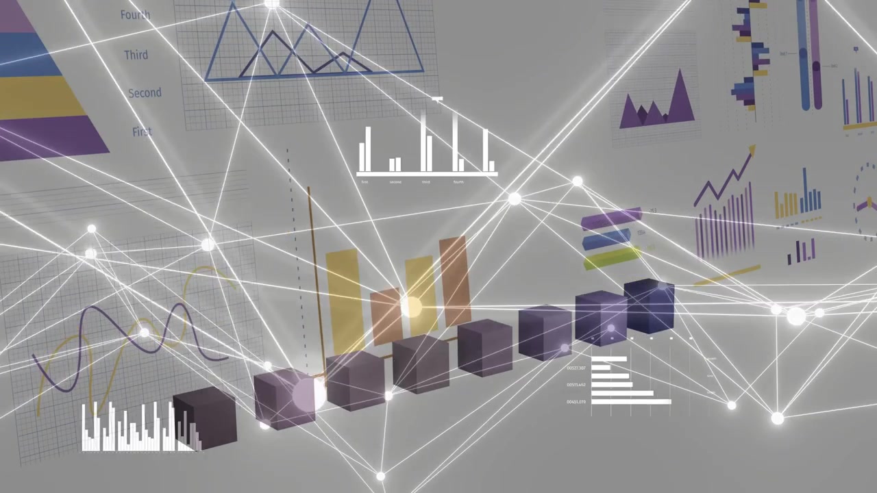 On start cubes turning into rising purple 3D bars while nodes pulsing, showing data trends