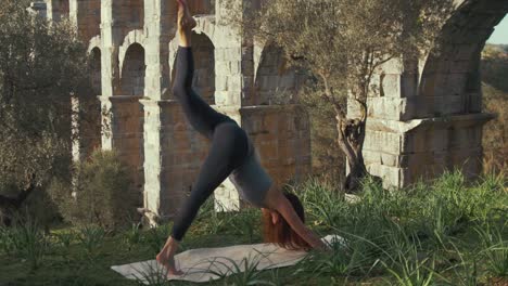 atleta femenina en forma realizando ejercicios de yoga en la naturaleza