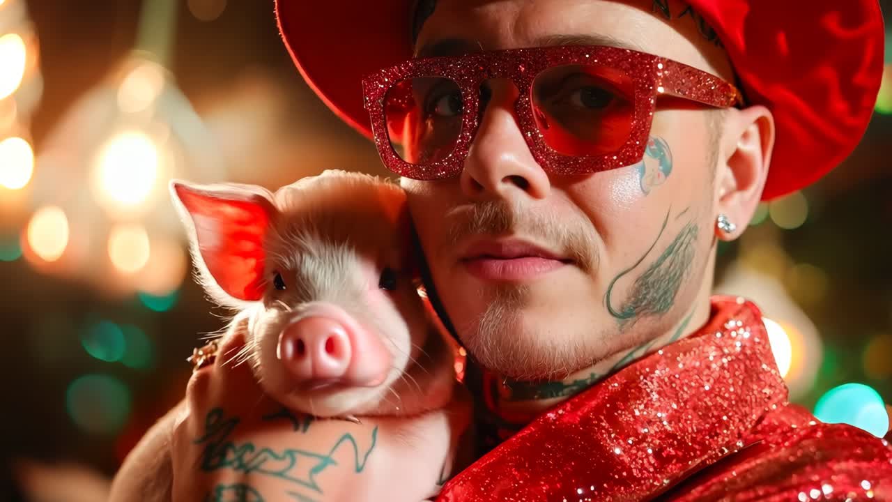 un hombre con un sombrero rojo y gafas de sol sosteniendo un pequeño cerdo