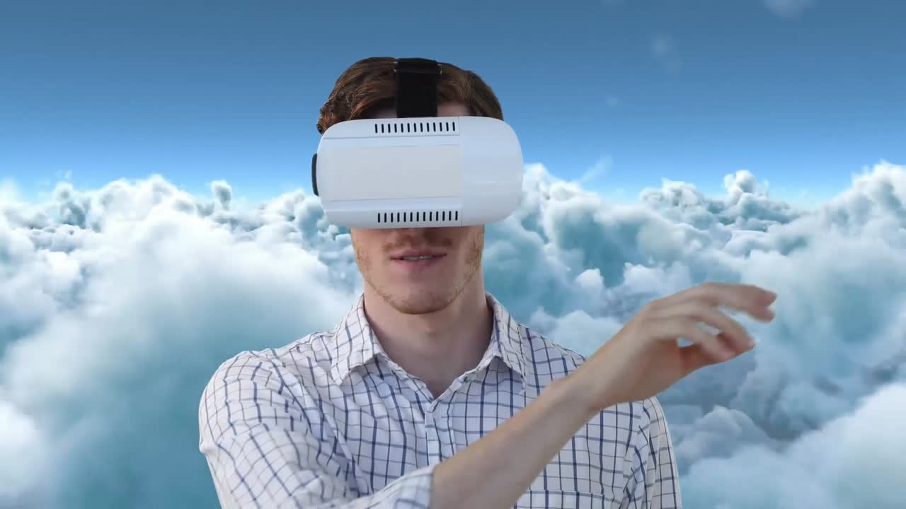 animación del hombre en auriculares vr sobre las nubes