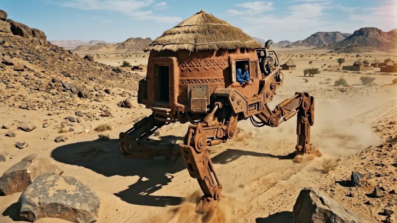 Casa futuristica ambulante con gambe meccaniche che si muove attraverso un paesaggio desertico