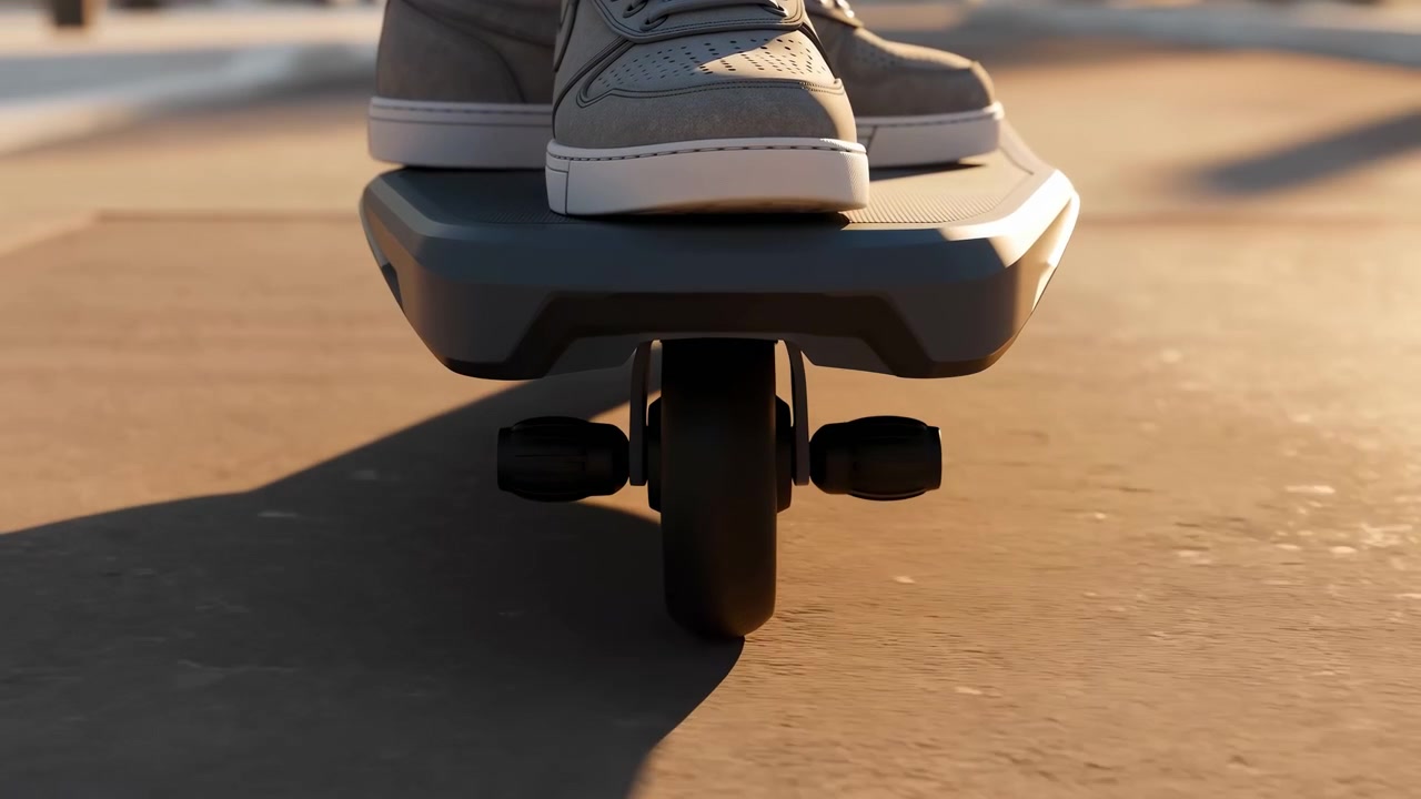 中央のローアングルショットでは、ライダーのスニーカーが電動スケートボードのデッキを、単一の中央の車輪と2つの小さなスタビライザーマウントの上で押している様子が映し出されています。暖かい日差し、柔らかな影、そして都会の通りの質感が特徴です。