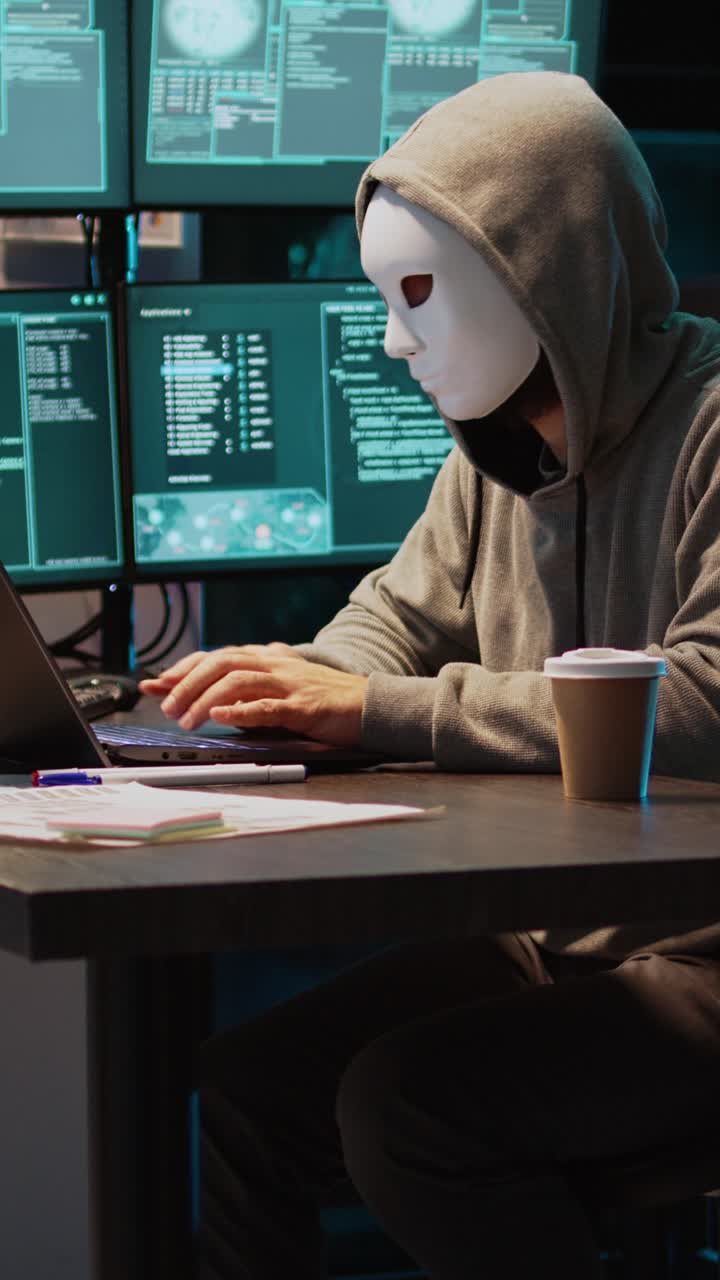 Lodret video: Maskeret person hacker computernetværk om natten