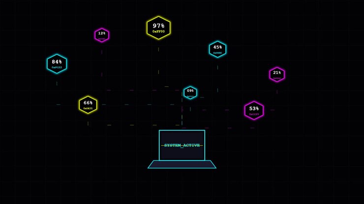 Digital Laptop Interface with Floating Data Hexagons