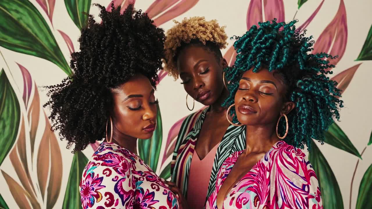 Vibrant video scene with three women in colorful outfits, captured from a low angle against a floral