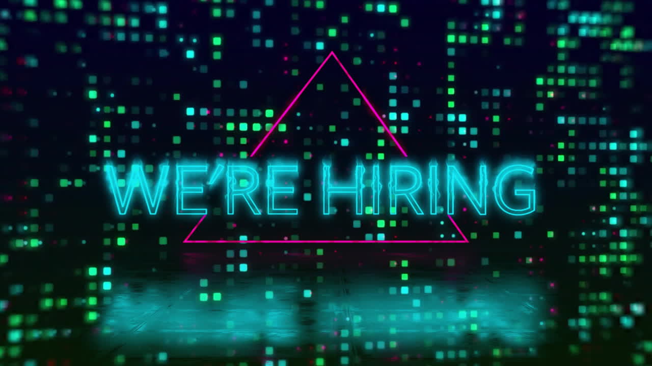 Animation of we're hiring text and neon pattern over black background