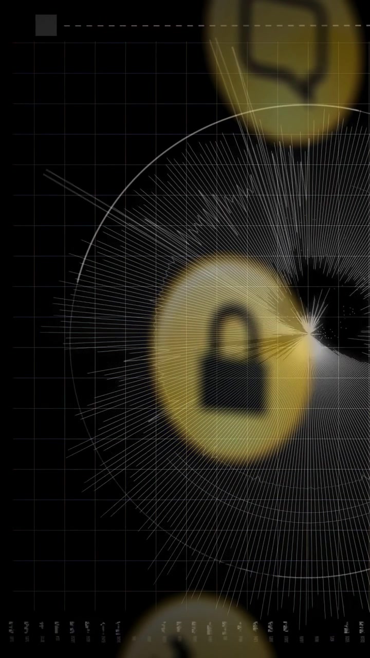 Vertikal video: Sløret guldcirkel kommer ind, får en hængelås til at stige op, fokuserer, spidser til for scanning.