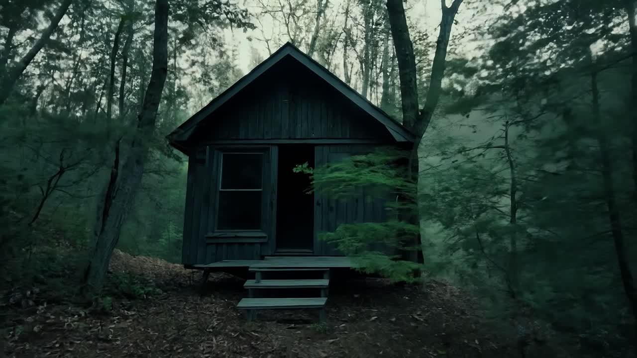 pequeña cabaña de madera enclavada en un bosque, con hojas susurradas por el viento y creando una atmósfera pacífica y tranquila