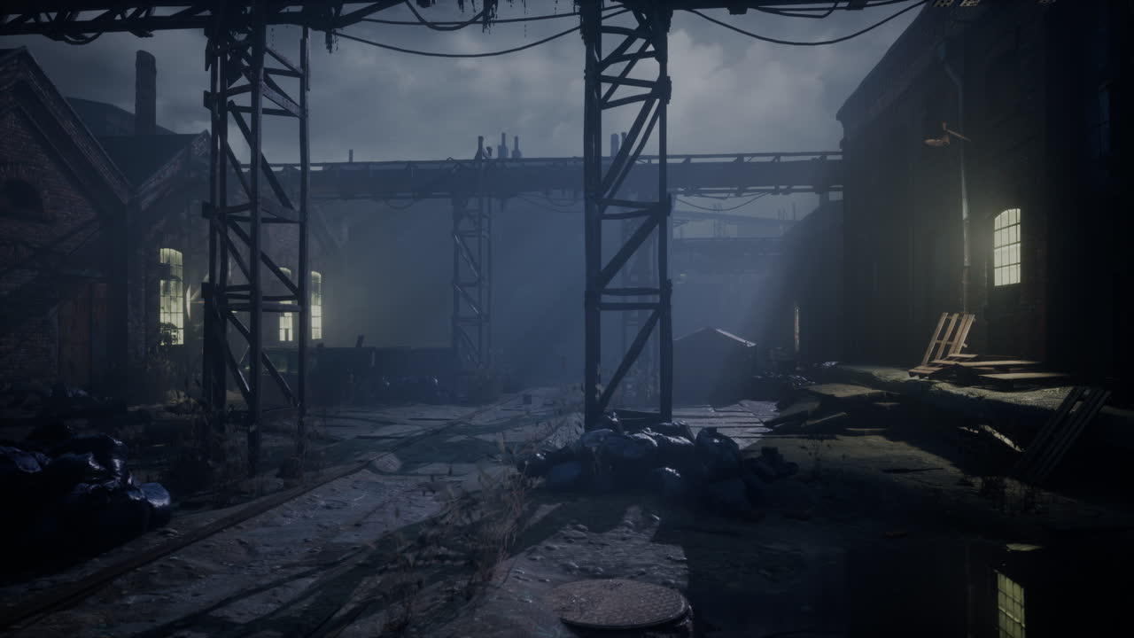 viejo callejón oscuro del almacén de la fábrica por la noche