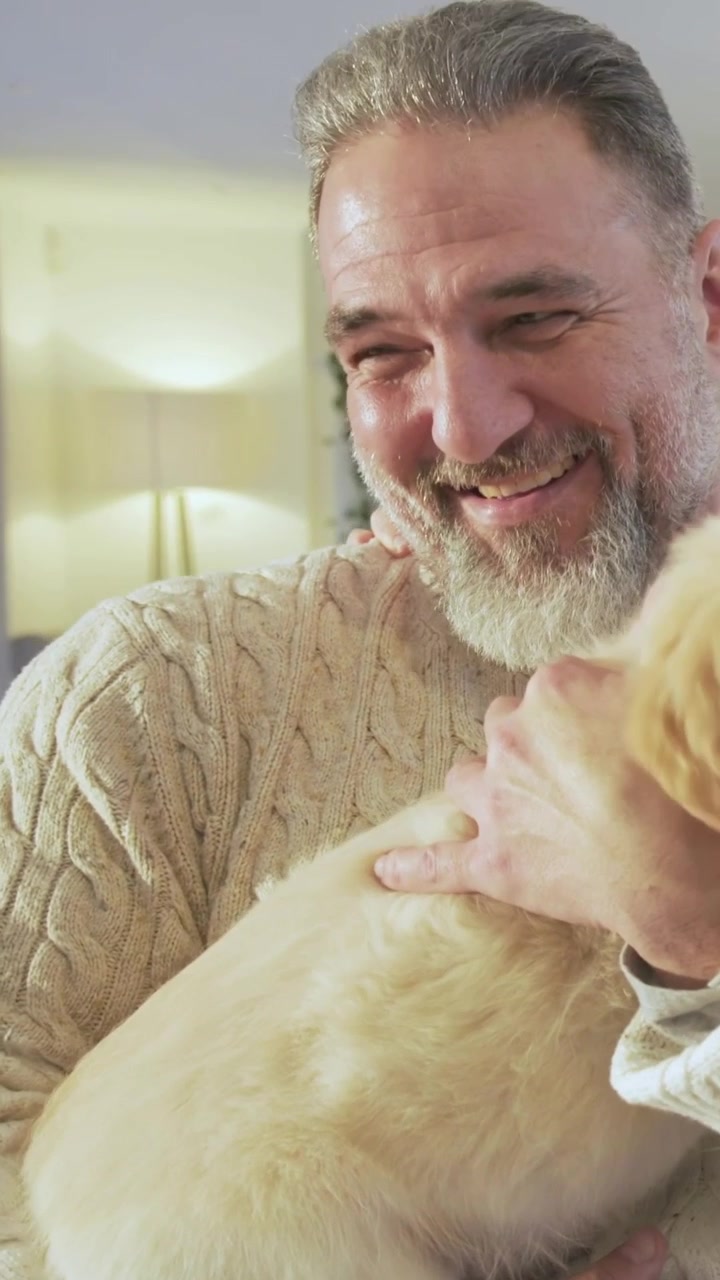 Video verticale: Uomo con maglione che solleva un cucciolo di golden retriever, accarezzandogli il pelo a casa, confortando il cucciolo.
