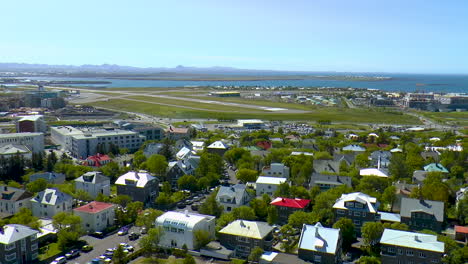 sunny reykjavik panorama - view from the top of hallgrimskirkja church in the city center of capital of iceland