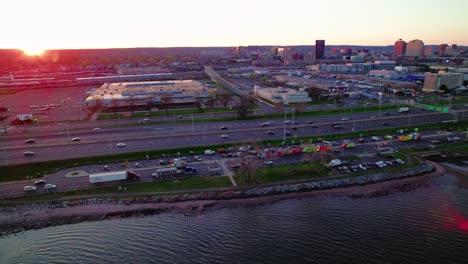 Food-truck-paradise,-aerial-at-sunset-from-New-Heaven,-Connecticut,-USA