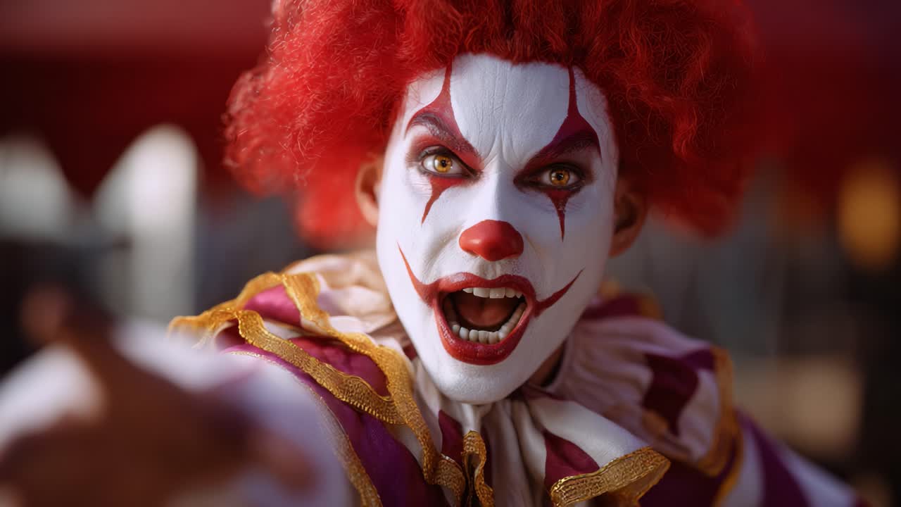 A captivating and eerie clown character with a striking painted face and bright red hair, expressing intense emotions in a vibrant carnival setting