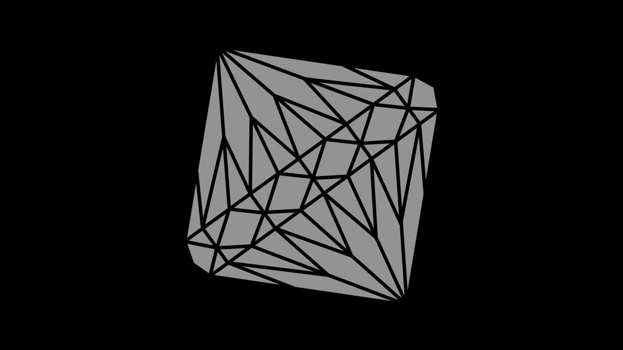 16:9 영상 형식으로 풀 스크린에서 중앙으로 사라지는 크기를 줄여 시계 방향으로 회전하는 스트로보스코픽 및 최면 효과를 가진 흑백 그래픽 객체