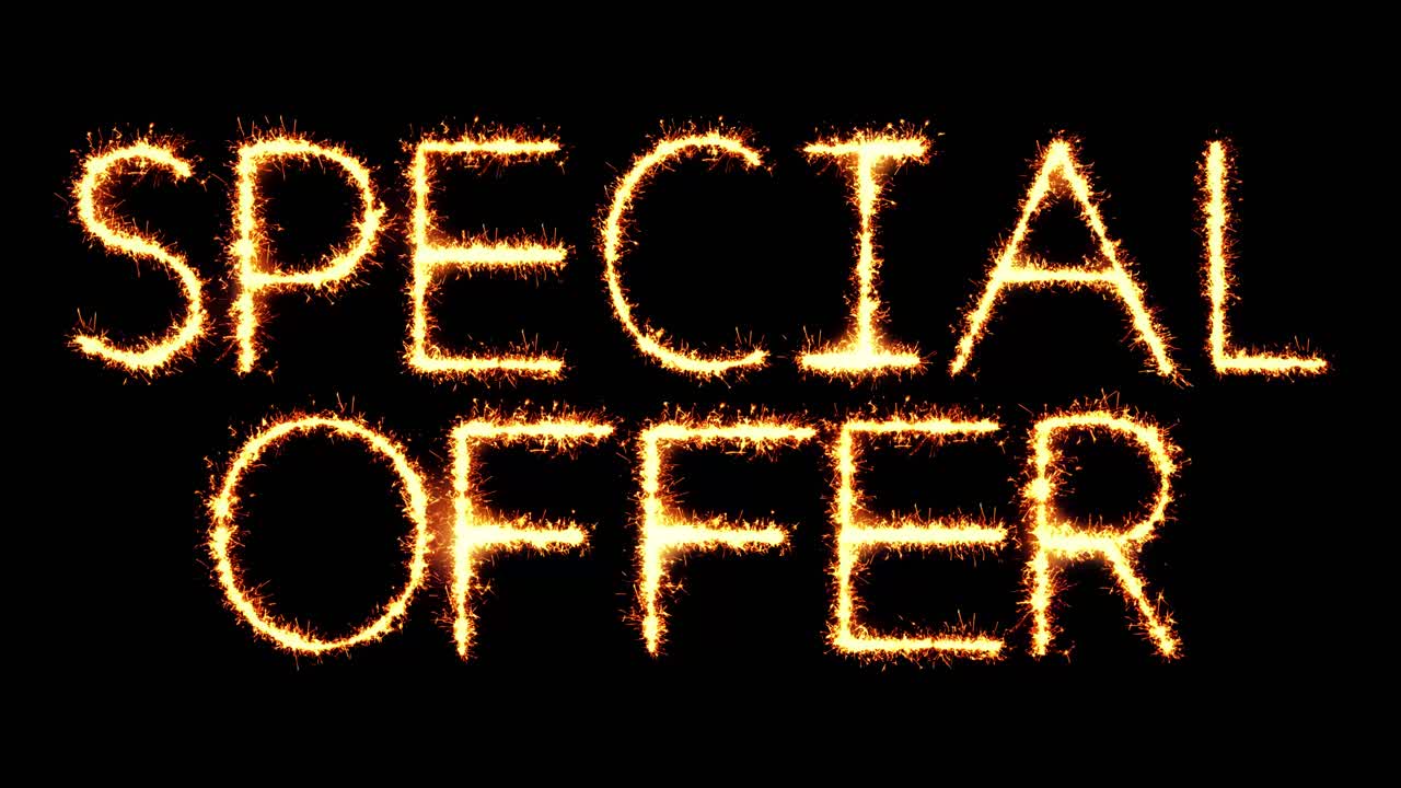 Special offer text sparkler writing with glitter sparks particles firework on black 4k loop