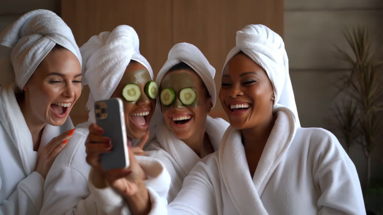 Vrienden genieten van een spadag met gezichtsmaskers en selfies