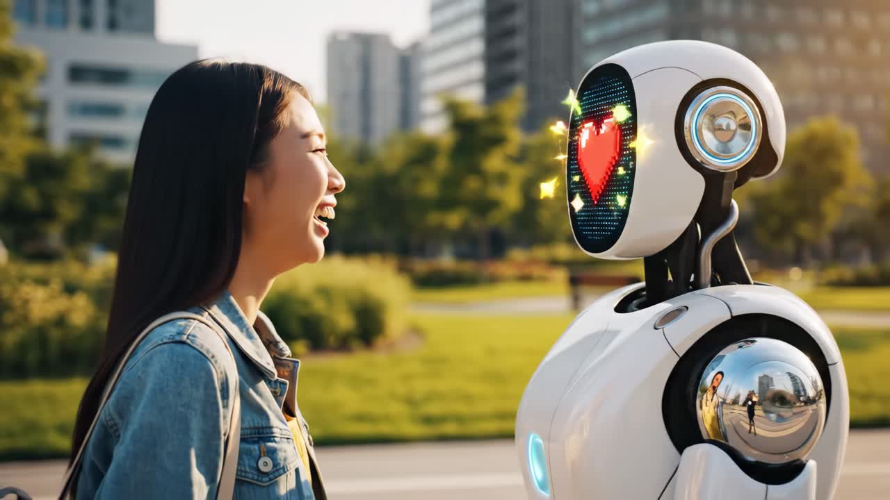A woman interacting with a loving robot in the city