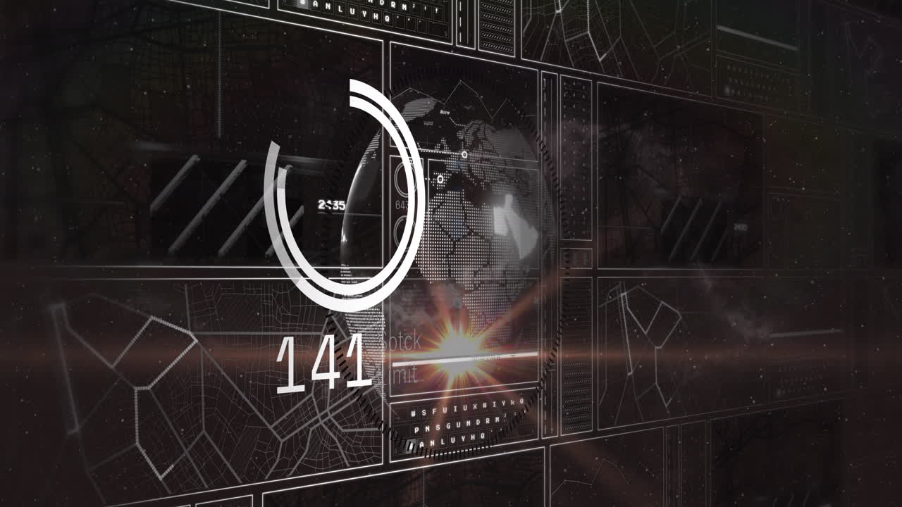 animación de punto de luz sobre interfaz con procesamiento de datos contra globo giratorio.