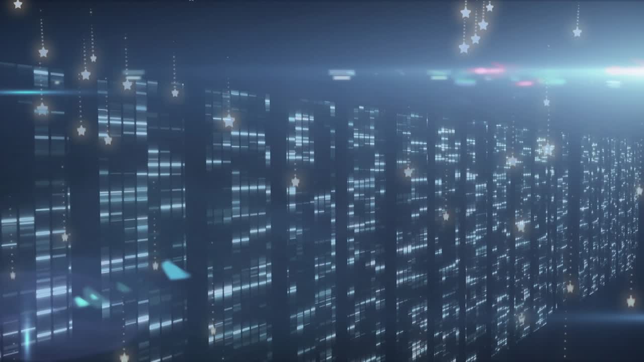 Camera scrolling revealing grid panels while star lights pulsing and lens flares sweeping in loop