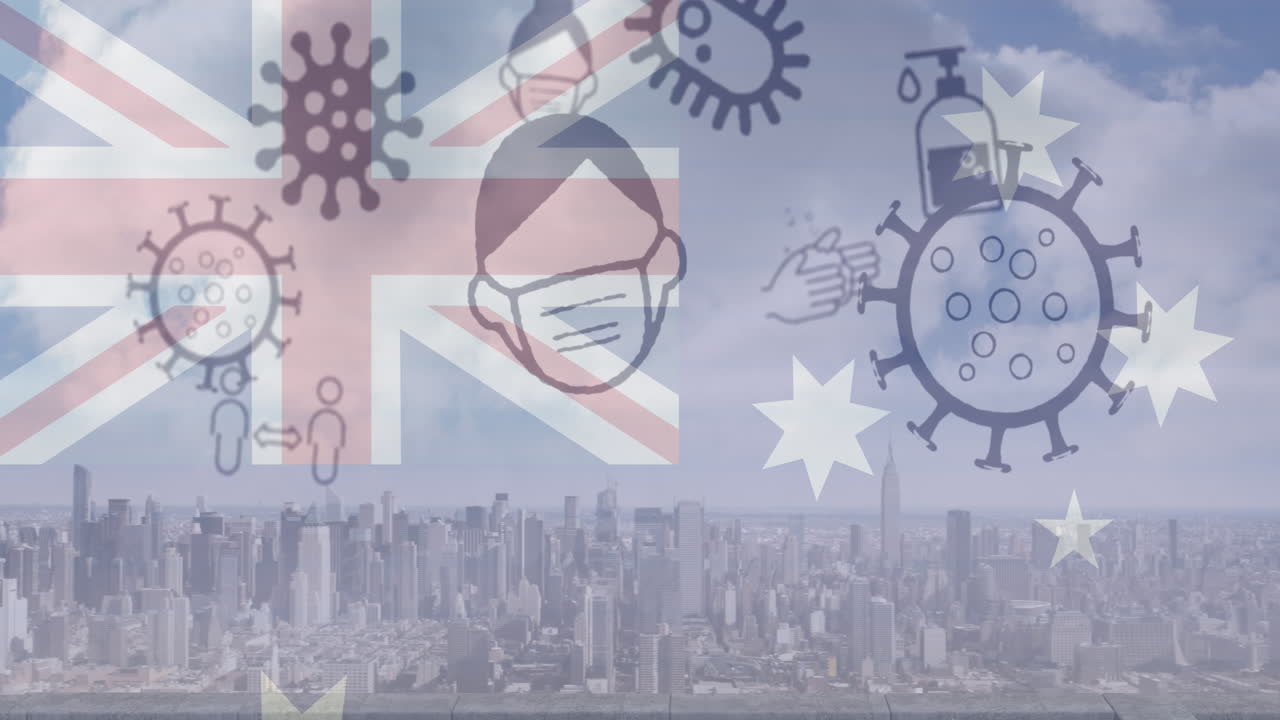 코로나 바이러스 아이콘과 호주  ⁇ 발의 애니메이션