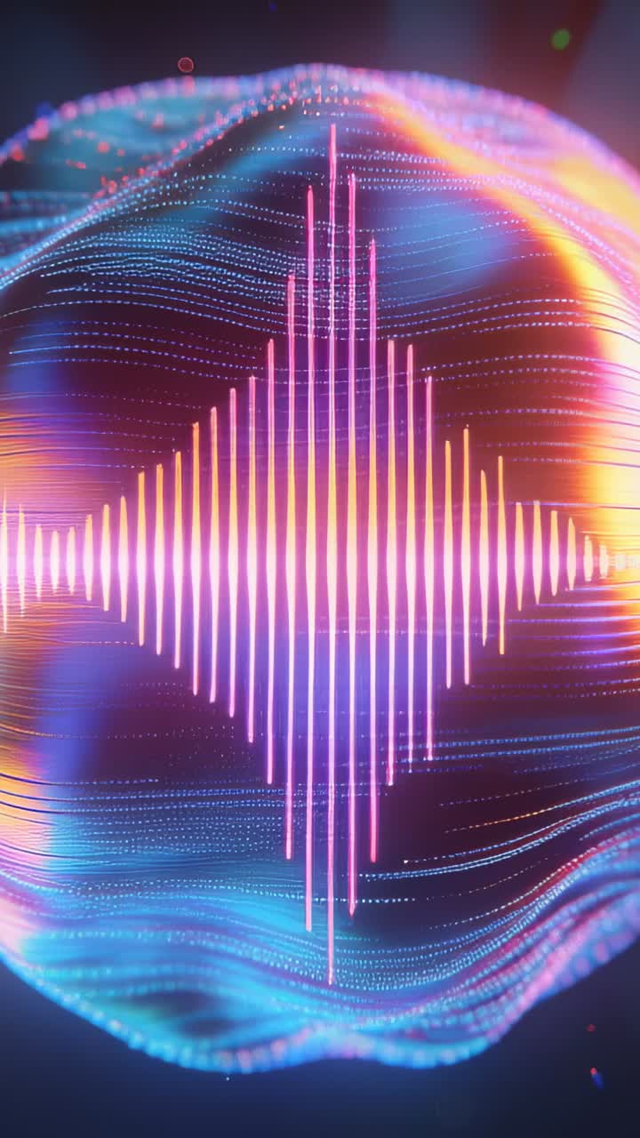 Vertical video: Pulsing neon vertical waveform reacting to incoming audio in dark void, with mesh