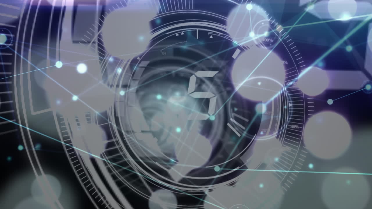 인터페이스를 사용하여 vr 안경에 있는 여성의 눈 위의 지구와 연결 네트워크의 애니메이션