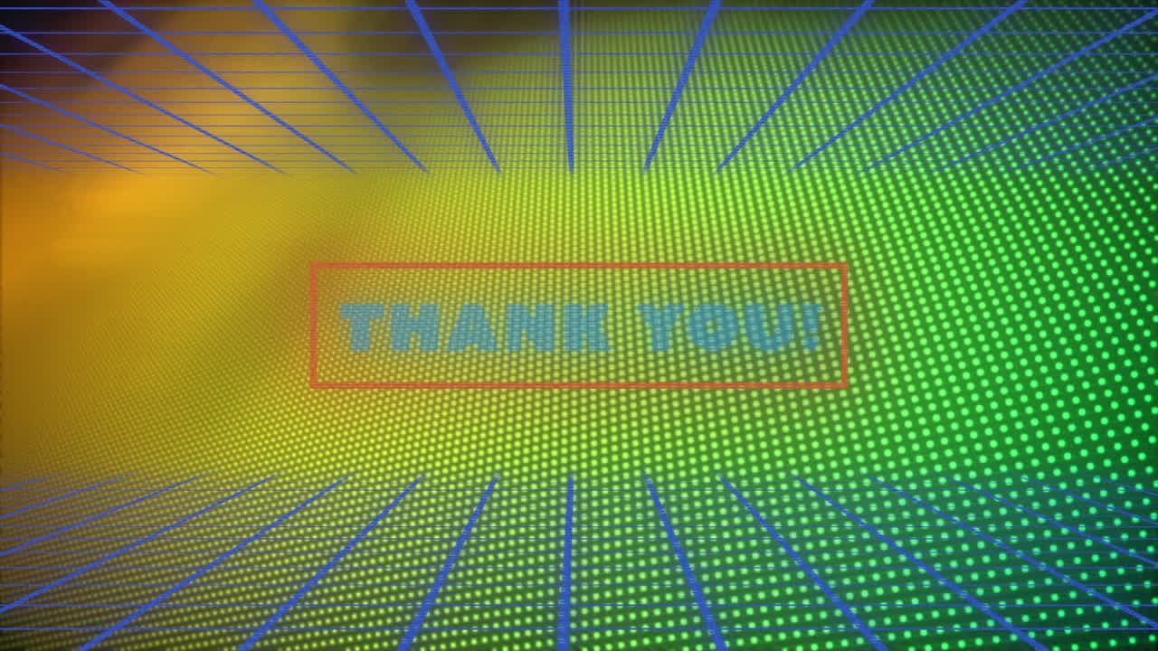 Animation of glowing thank you text over blue grid green and orange background