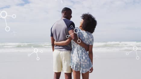 Animation-of-molecules-over-back-view-of-african-american-couple-embracing-at-beach