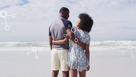 animation of molecules over back view of african american couple embracing at beach