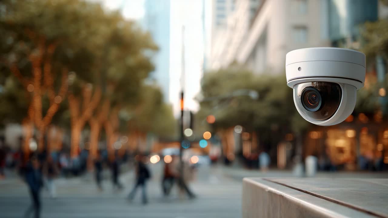 Surveillance Camera Monitoring Busy City Street During Evening Time with Blurred Pedestrians and Soft Lights Enhancing Urban Atmosphere and Safety Awareness
