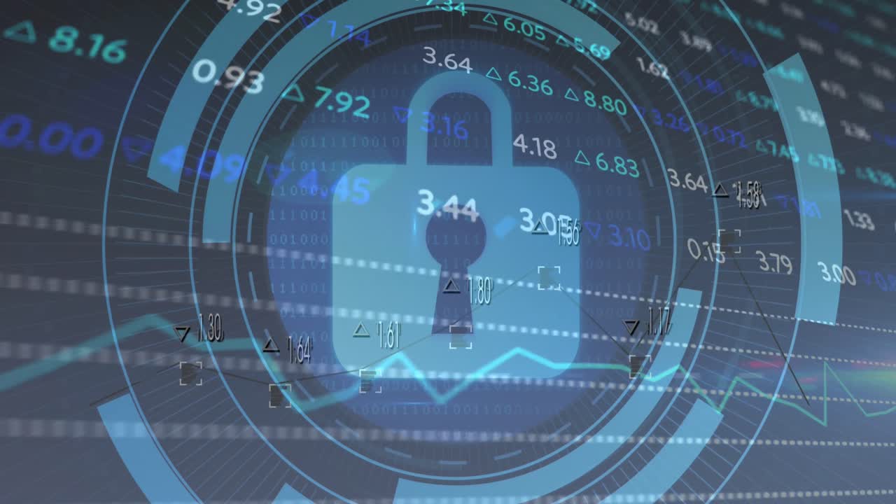 로딩 서클, 번호 변경, 추상적인 배경 위의 거래 보드에 대한 락의 애니메이션