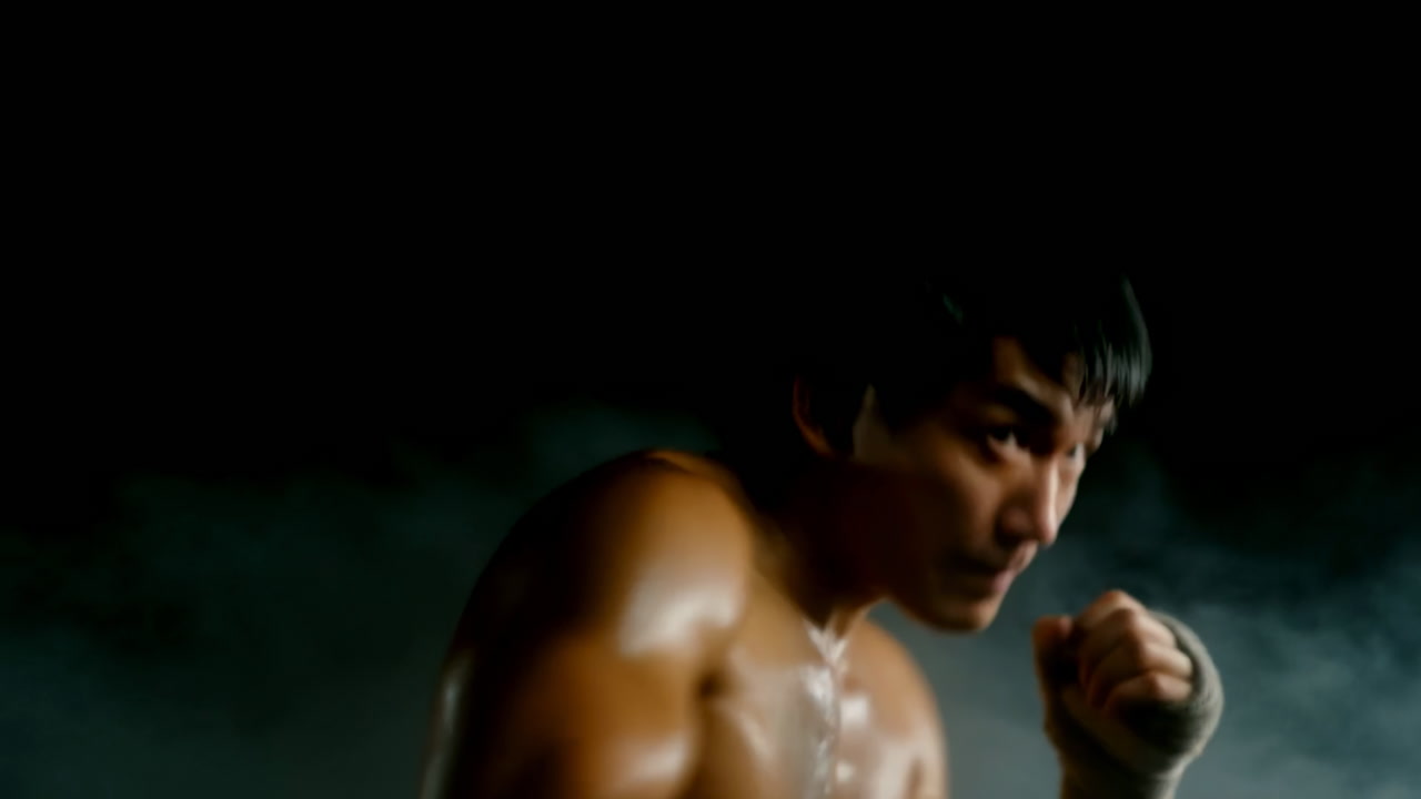 Muscular Boxer Training In Smoke Sweatdrenched Torso And Wrapped Hands Throwing Rapid Punches Under Dramatic