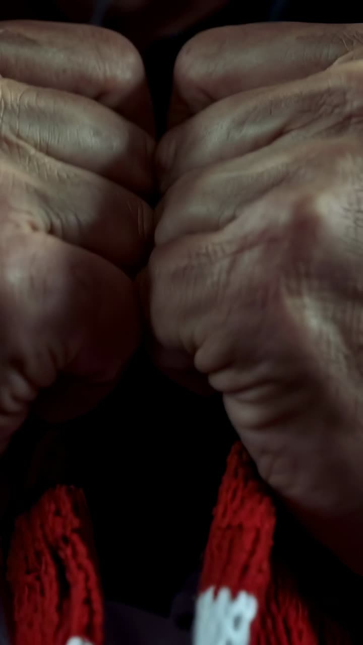 Gripping elder fists as camera focusing, moving at home showing red-white knit, dark coat and chain
