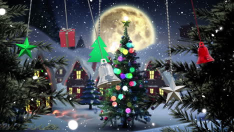 Animation-of-christmas-baubles-decorations-over-winter-scenery-background