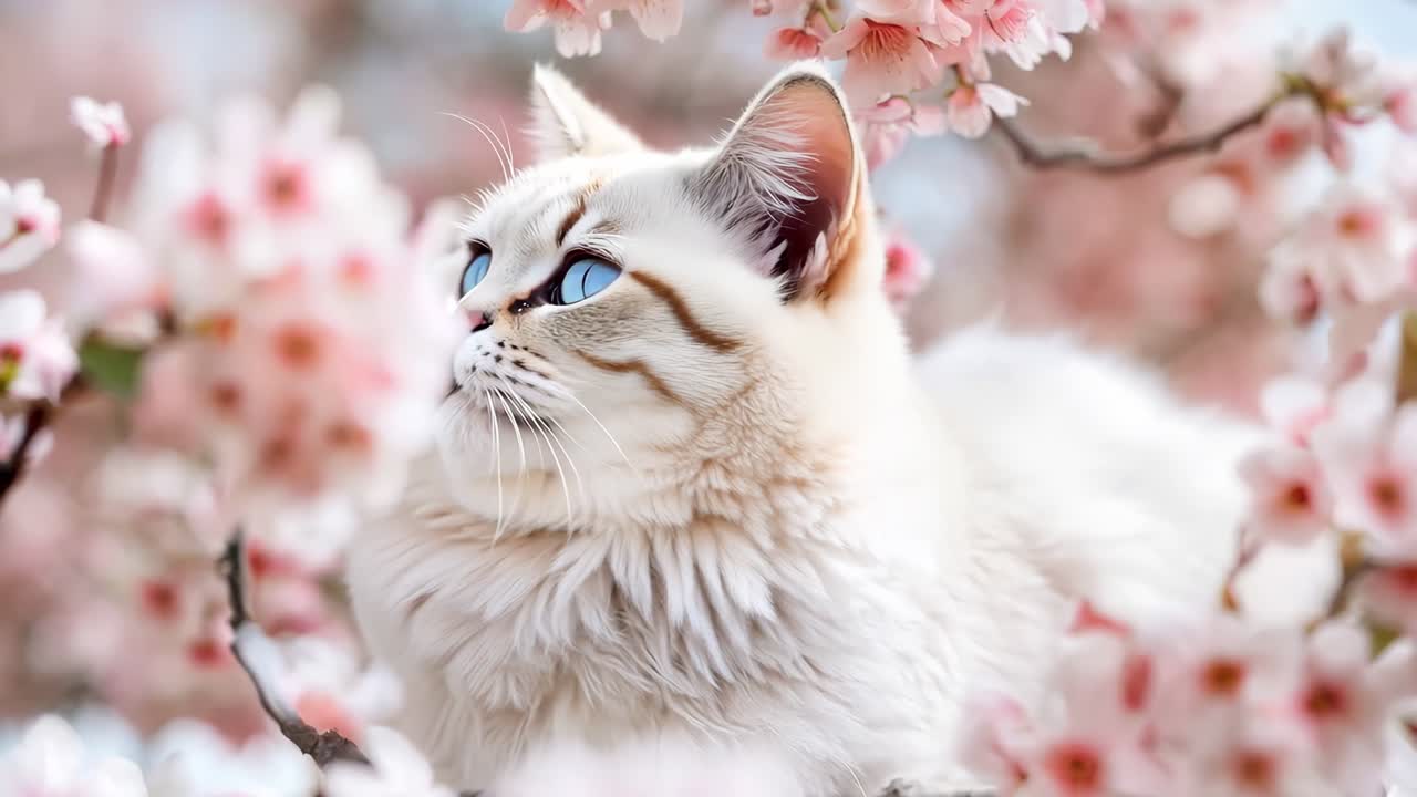белая кошка с голубыми глазами сидит на дереве с розовыми цветами