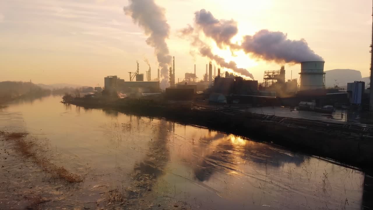 Paesaggio industriale al tramonto, ripresa dal basso che cattura i riflessi, ideale per video.