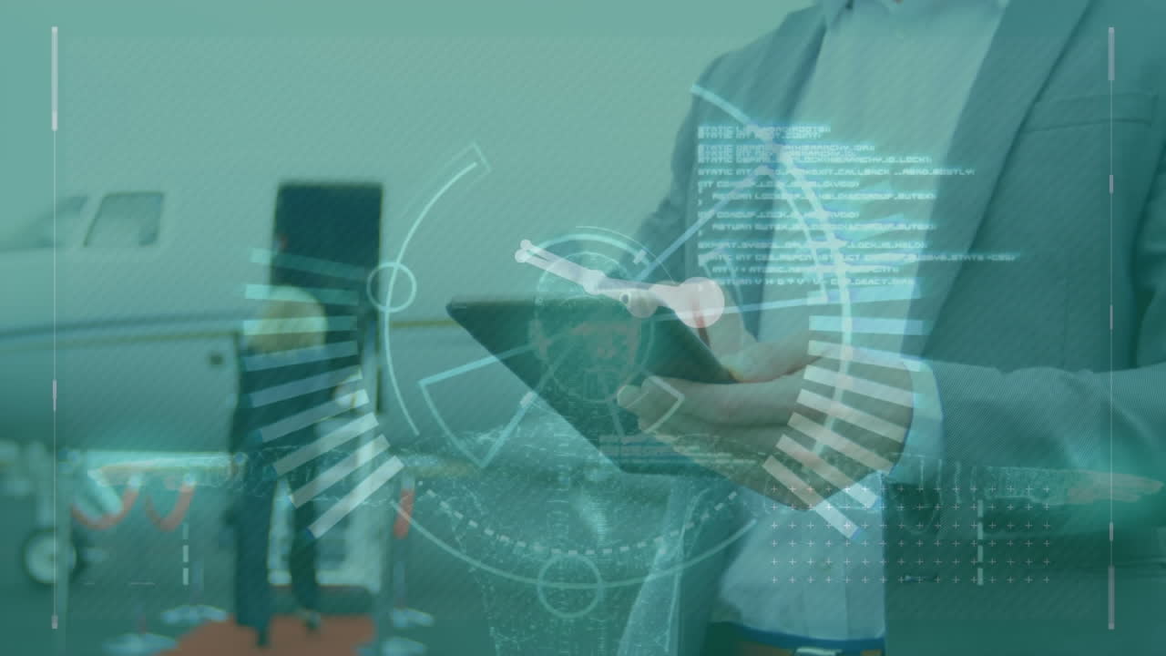 비행기 밖에서 태블릿 pc를 사용하는 사업가와 인터페이스를 가진 인공 지능의 비디오