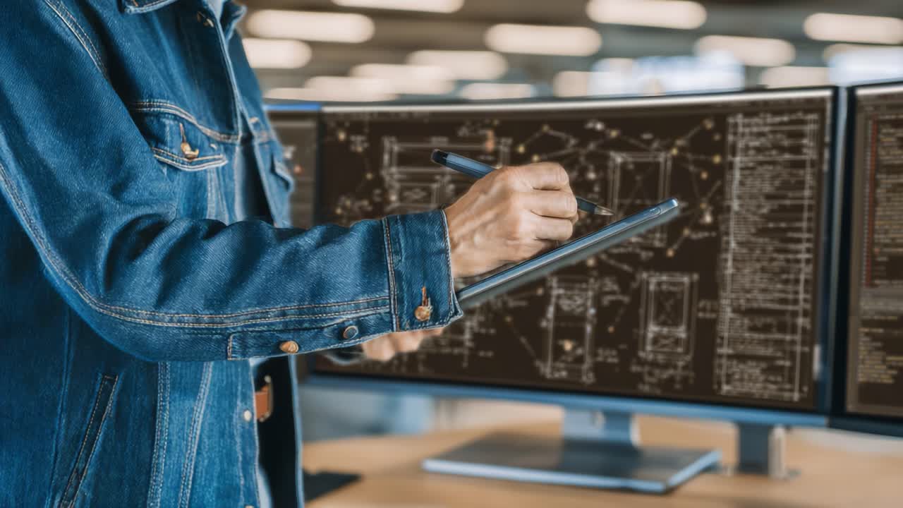Una persona con chaqueta de mezclilla dedicada al diseño digital, usando una tablet para ilustrar esquemas técnicos en monitores duales en un entorno de trabajo moderno.
