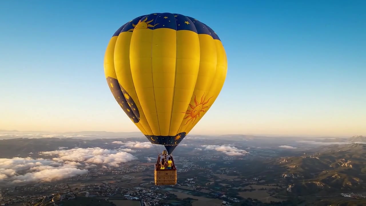 Un'esperienza colorata in mongolfiera sopra le nuvole con passeggeri avventurosi che si godono la vista panoramica dell'orizzonte all'alba.