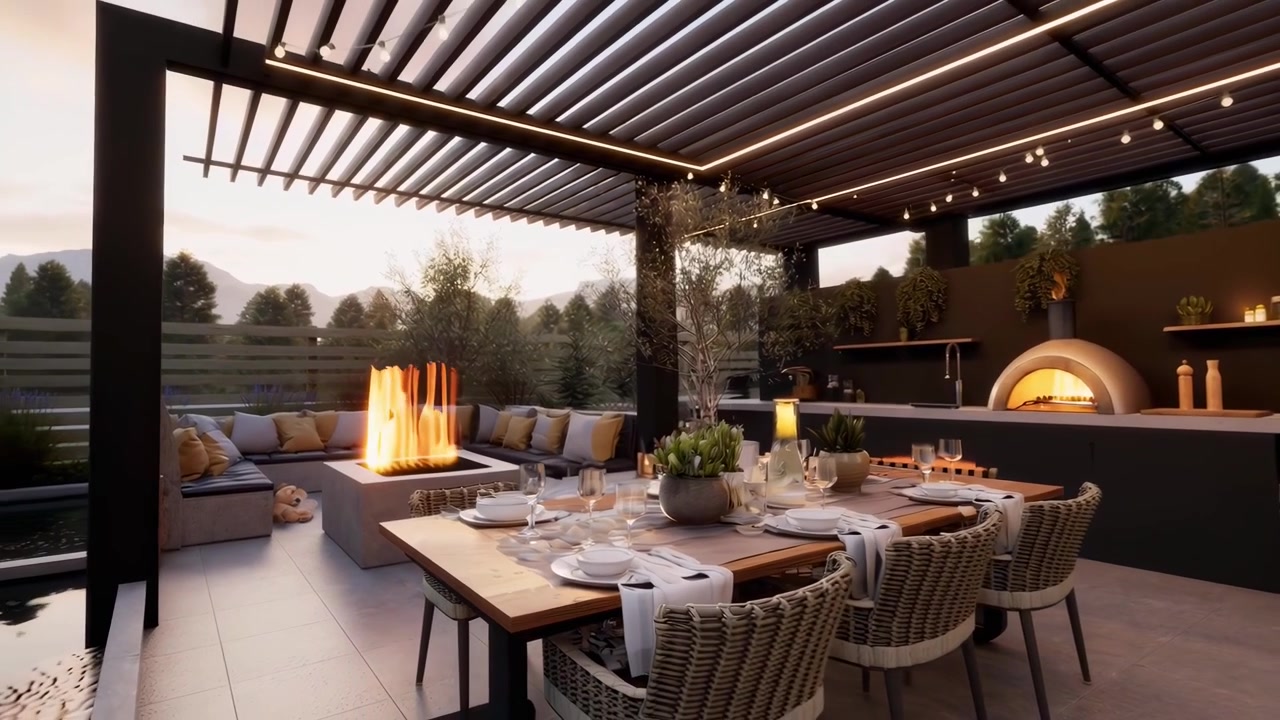 Lussuoso patio esterno con braciere, zona pranzo e cucina al crepuscolo