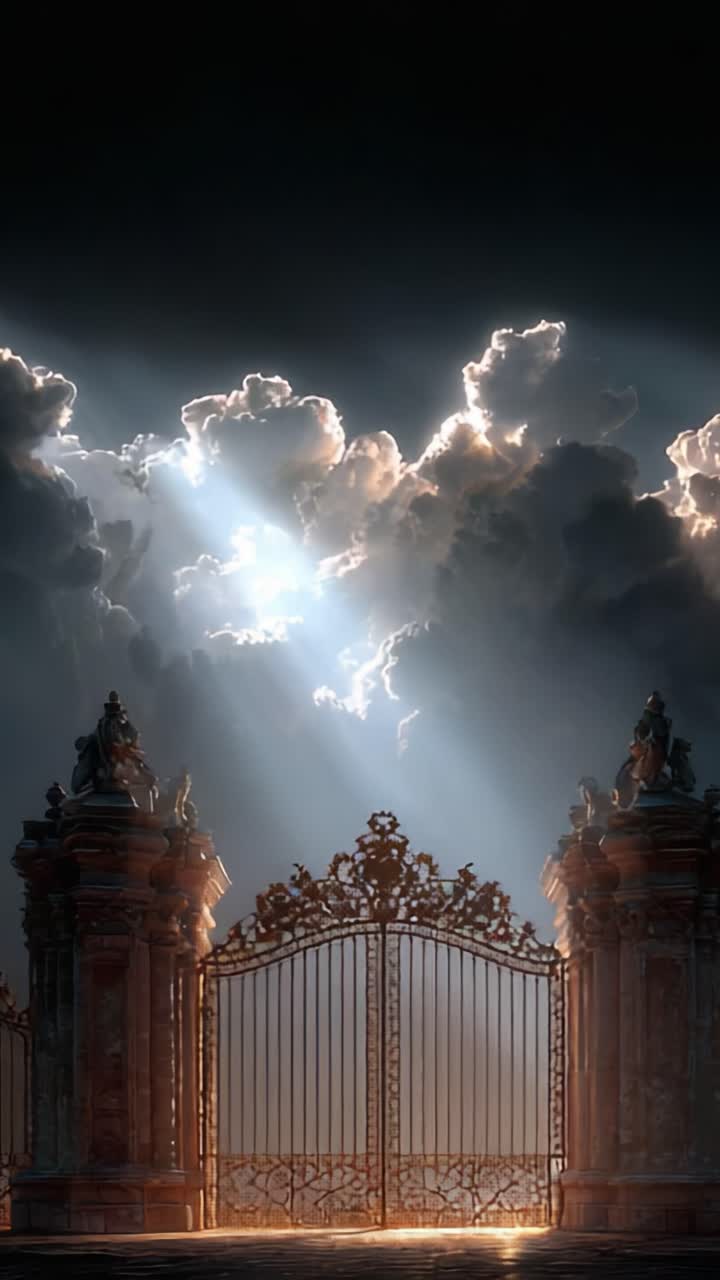 A Mystical Gate Surrounded by Dramatic Clouds Bathed in Ethereal Light, Creating a Serene Yet Majestic Atmosphere in the Digital Realm