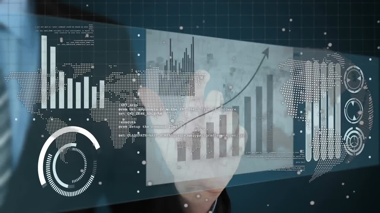 Animation of mid section of businessman touching futuristic screen against world map and globe