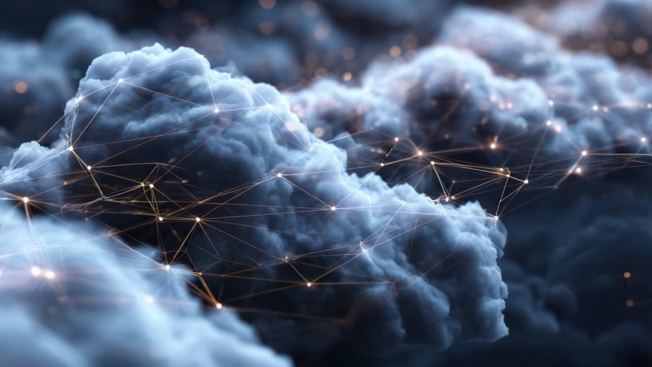A Stunning Visualization of Clouds Intertwined with Glowing Connections, Highlighting the Intricacies of Atmospheric Phenomena and Digital Networks in a Mesmerizing Display