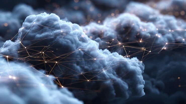 A Stunning Visualization of Clouds Intertwined with Glowing Connections, Highlighting the Intricacies of Atmospheric Phenomena and Digital Networks in a Mesmerizing Display