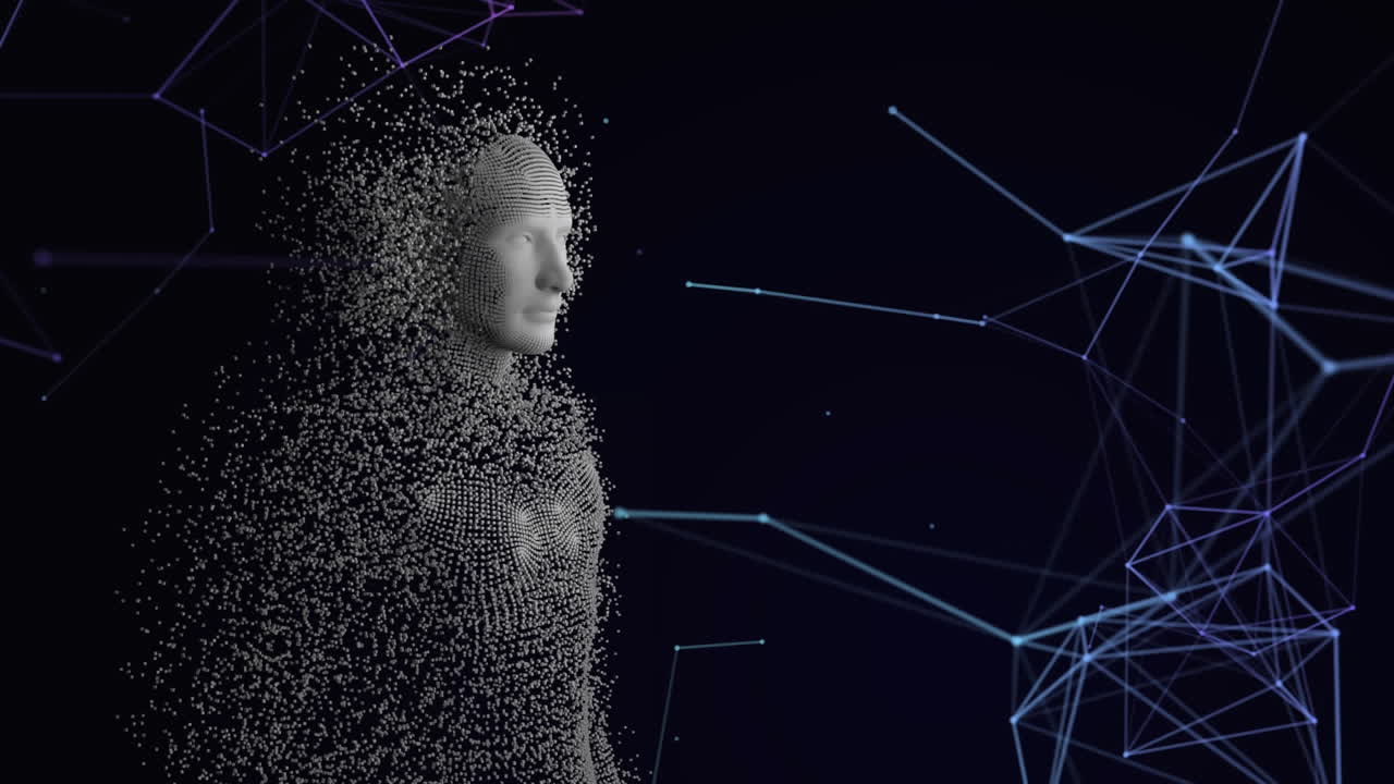 Animation of exploding human bust formed with grey particles with network of connections
